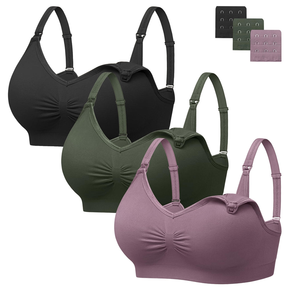 Angelhood Womens Seamless Sleep Nursing Bra,Breastfeeding Maternity Bra with Remove Bra Pads Extenders Pack of 3