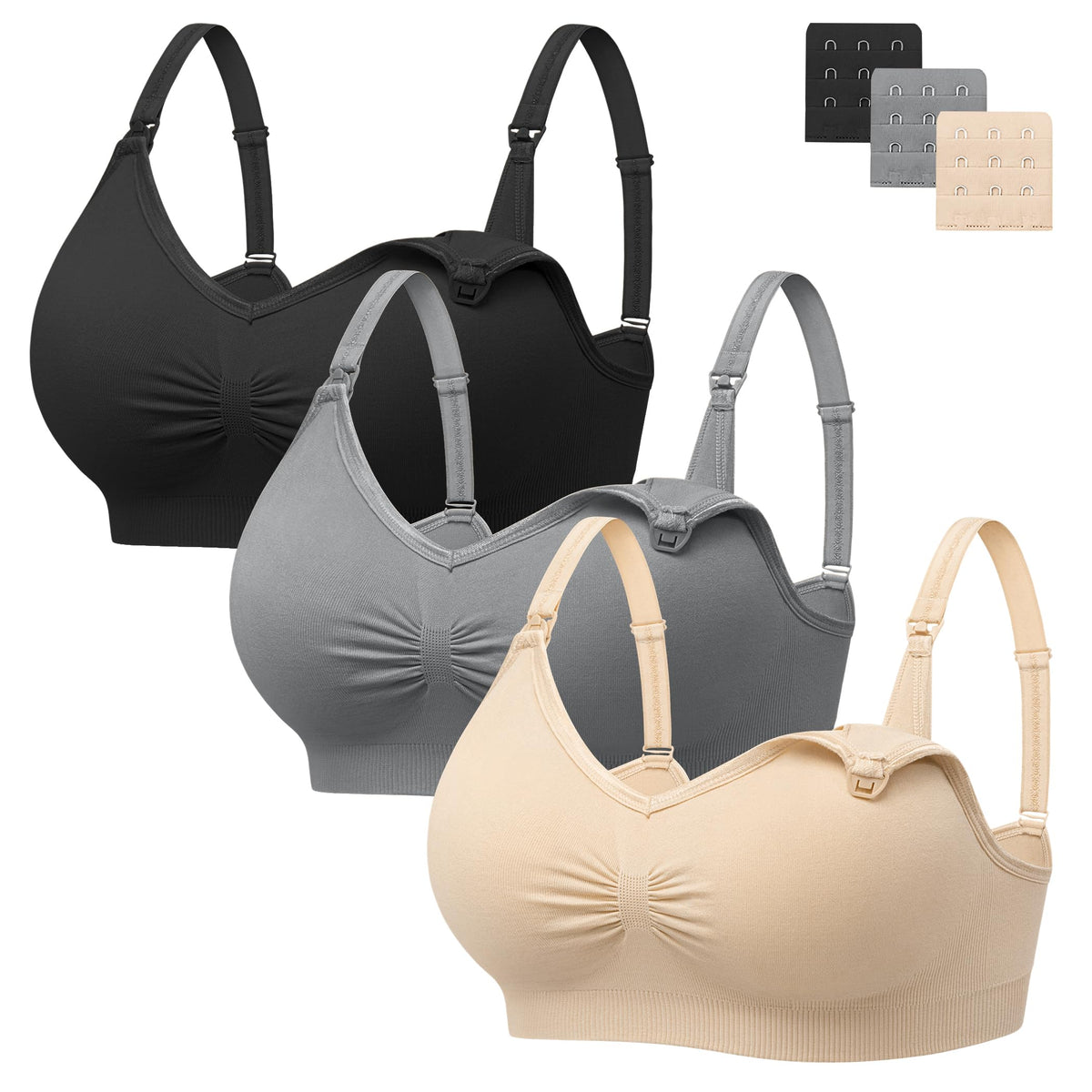 Angelhood Womens Seamless Sleep Nursing Bra,Breastfeeding Maternity Bra with Remove Bra Pads Extenders Pack of 3