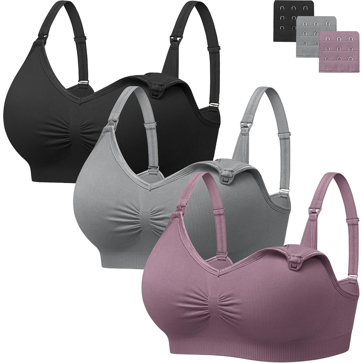 Angelhood Womens Seamless Sleep Nursing Bra,Breastfeeding Maternity Bra with Remove Bra Pads Extenders Pack of 3