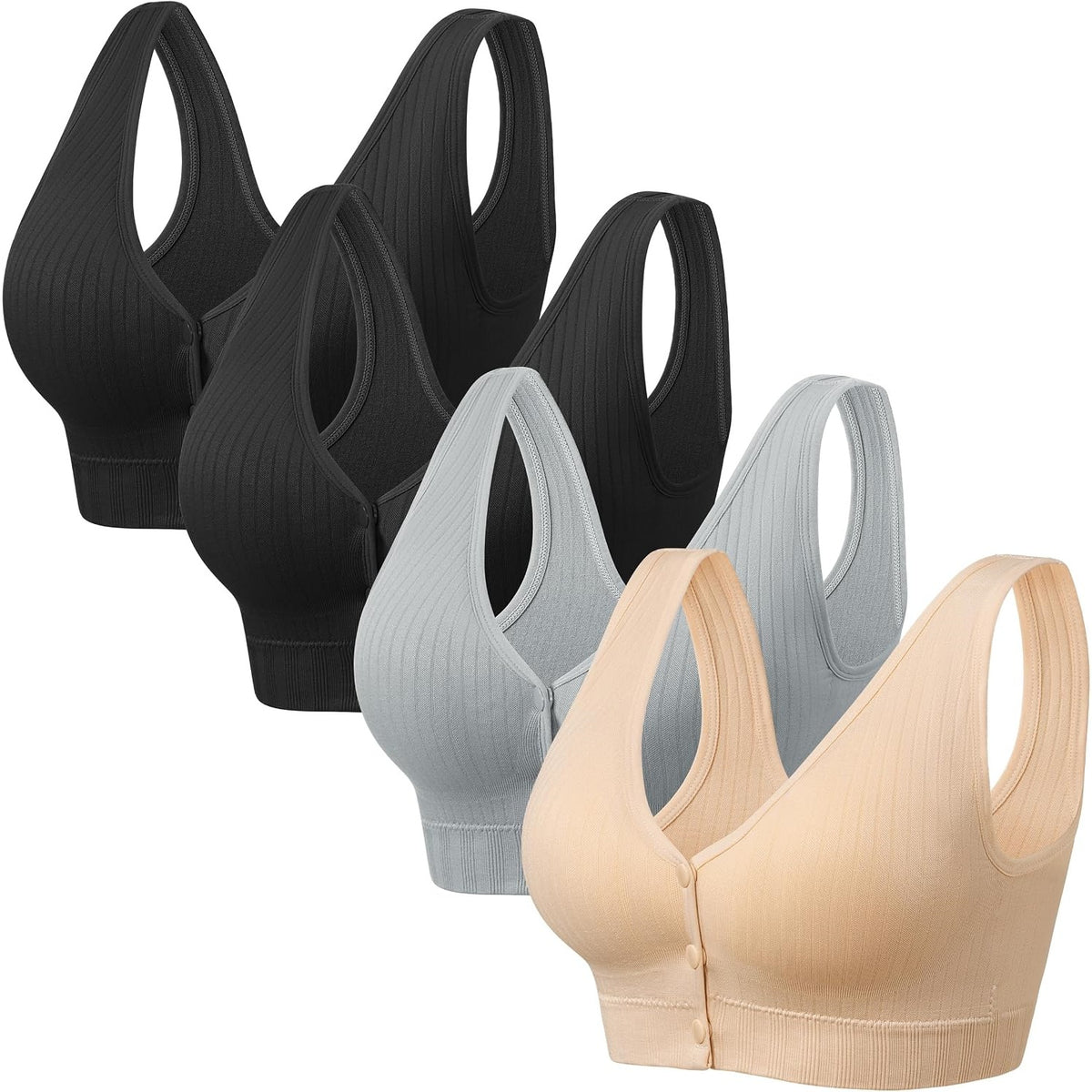 Angelhood Front Close Wireless Bras for Women, Smoothing Padded Bralette, Comfortable Snap Closing Bras, 4 Pack
