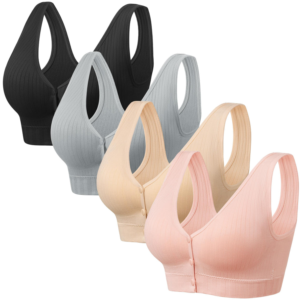 Angelhood Front Close Wireless Bras for Women, Smoothing Padded Bralette, Comfortable Snap Closing Bras, 4 Pack
